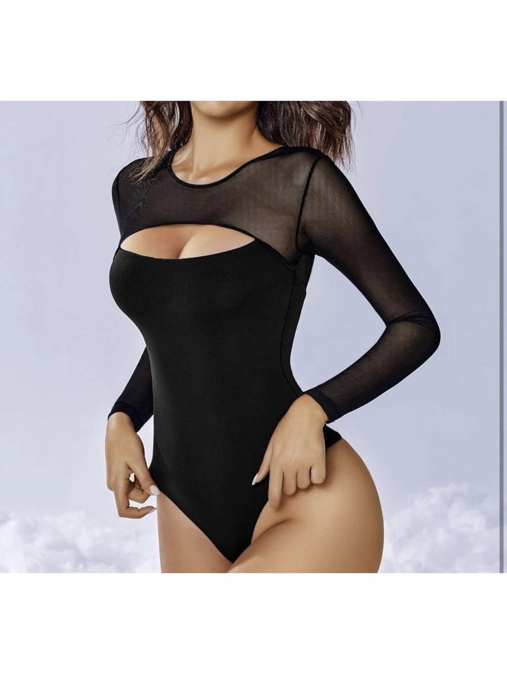 Black Sheer Yoke Cutout Long-Sleeve Bodysuit
